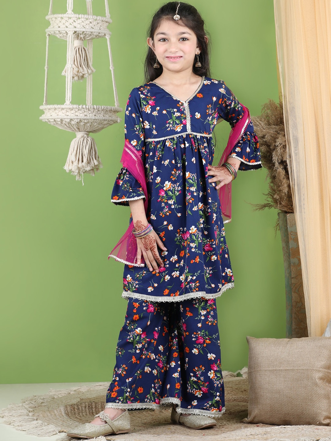 

Cutiekins Girls Floral Printed Empire Gotta Patti Kurta with Palazzos & Dupatta, Navy blue