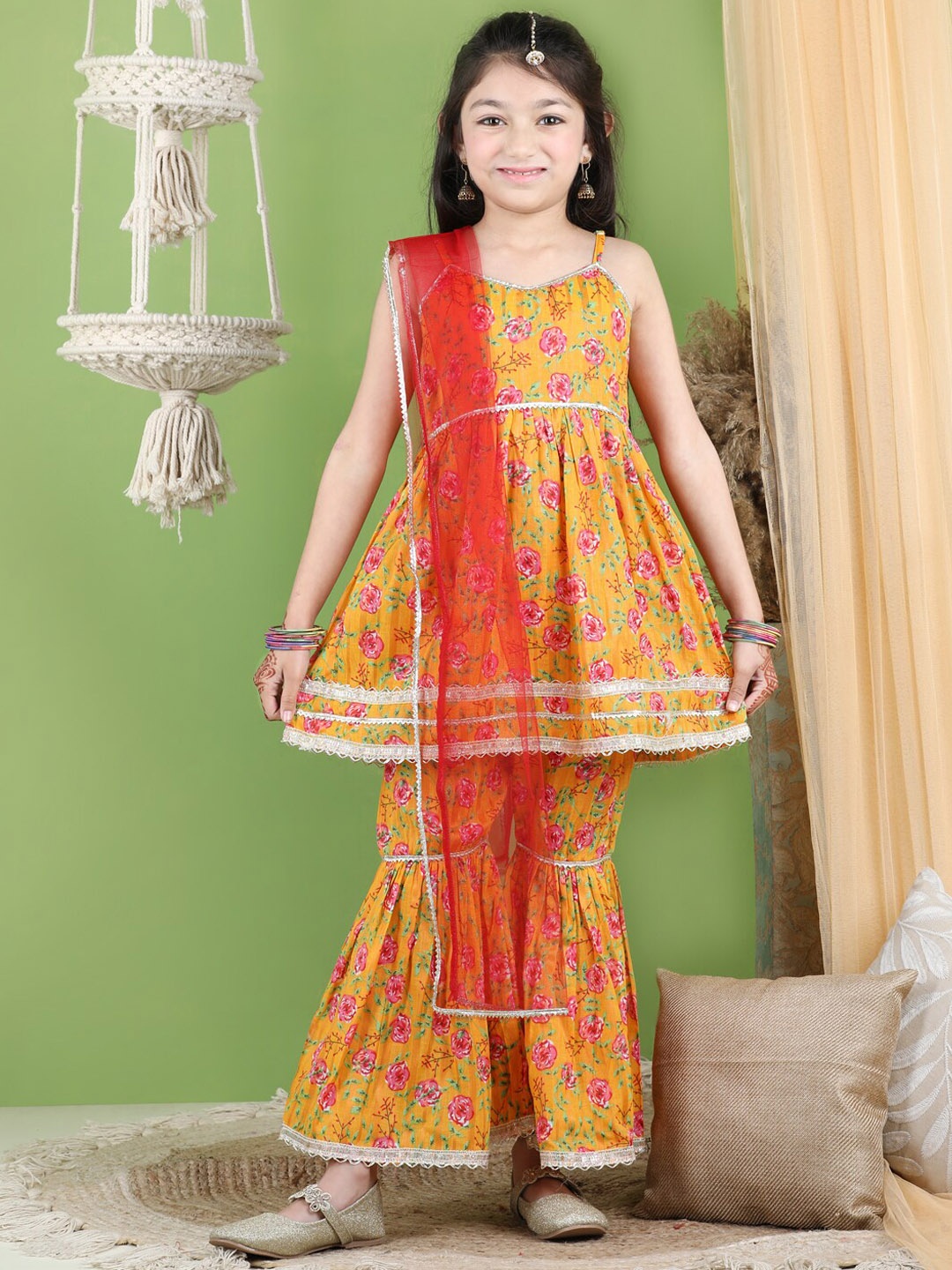 

Cutiekins Girls Floral Printed Empire Gotta Patti Kurta with Sharara & Dupatta, Mustard