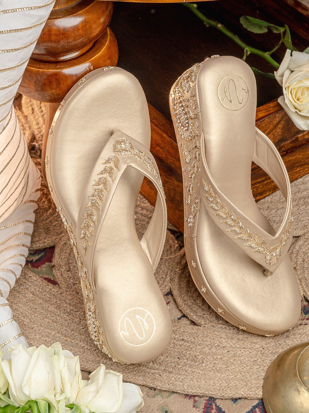 

NR By Nidhi Rathi Embellished Open Toe Wedges, Gold