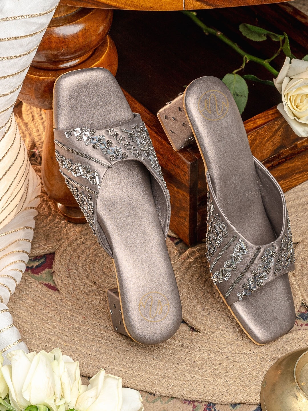 

NR By Nidhi Rathi Embellished Block Heels, Copper