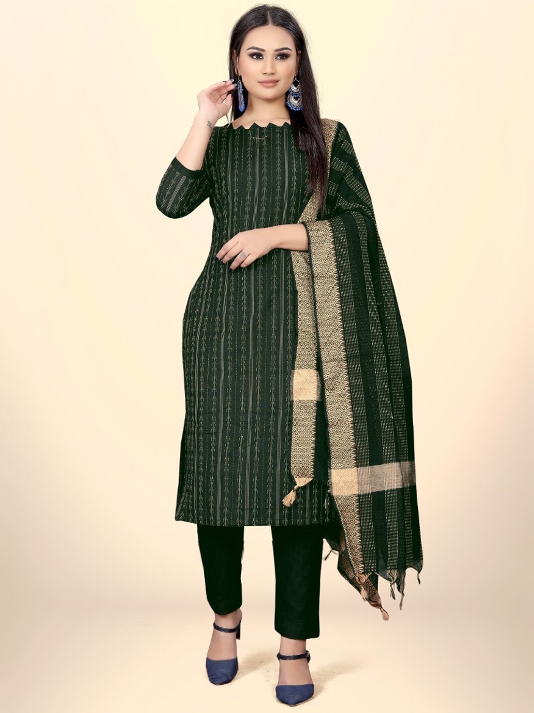 

LeeliPeeri Designer Striped Jacquard Unstitched Dress Material, Green