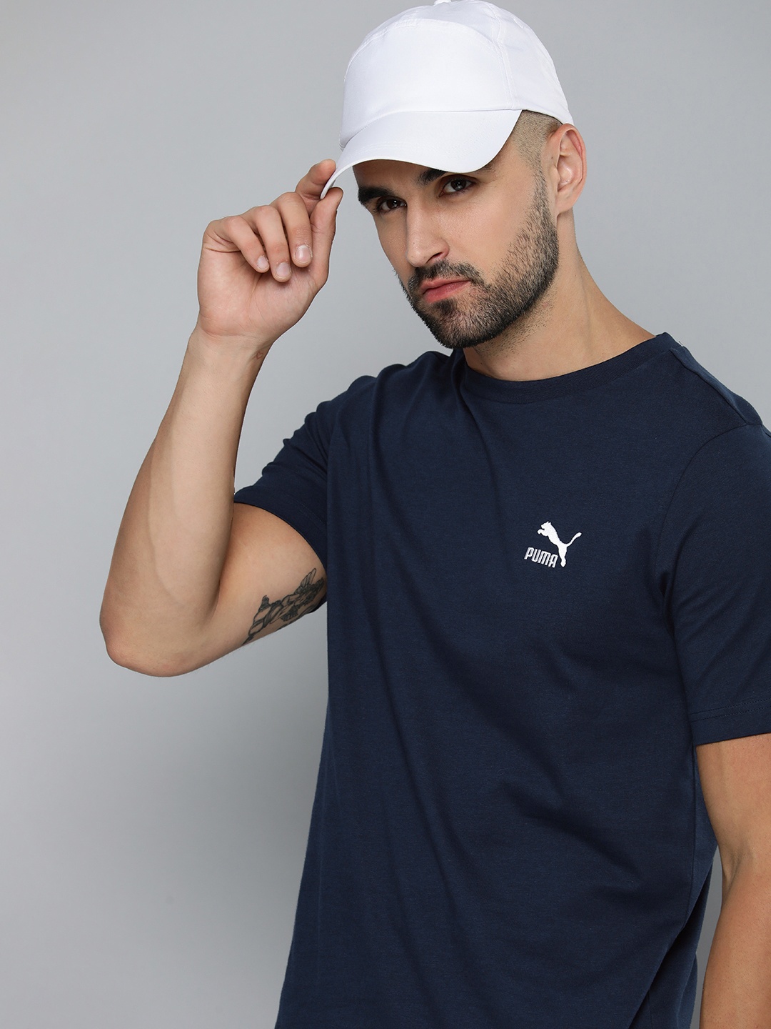 

Puma CLASSICS Small Logo Embroidered Pure Cotton T-shirt, Navy blue