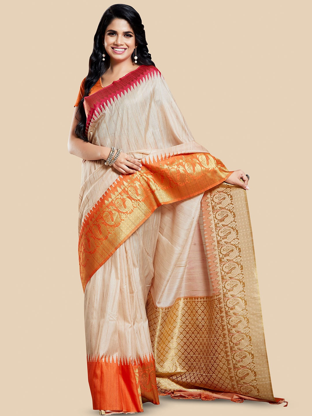 

Rani Saahiba Ethnic Motifs Woven Design Zari Bhagalpuri Saree, Beige
