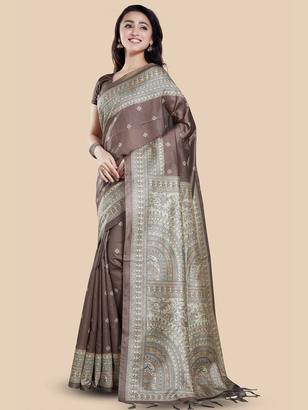 

Rani Saahiba Ethnic Motifs Printed Art Silk Tussar Saree, Brown