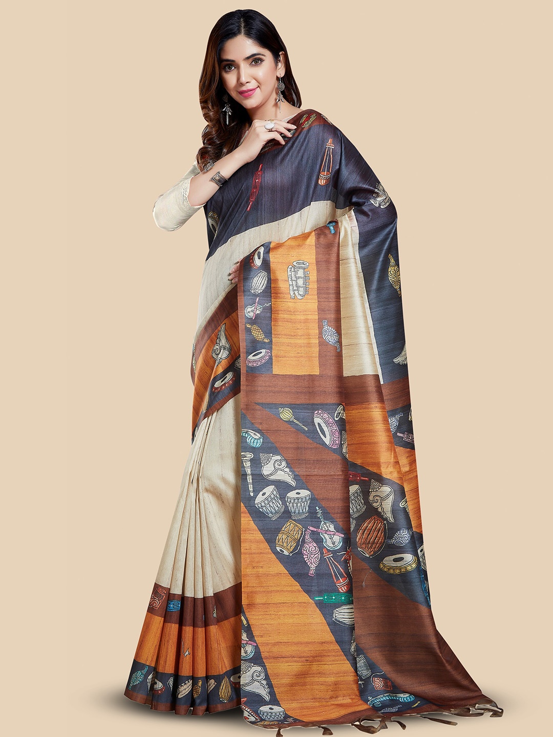 

Rani Saahiba Ethnic Motifs Printed Bhagalpuri Saree, Beige