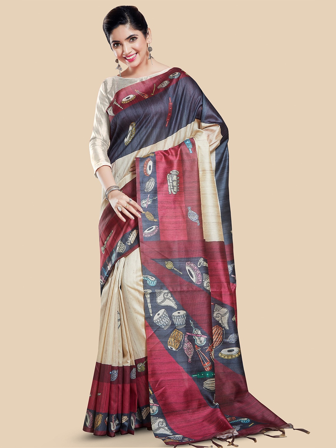 

Rani Saahiba Ethnic Motifs Printed Bhagalpuri Saree, Beige