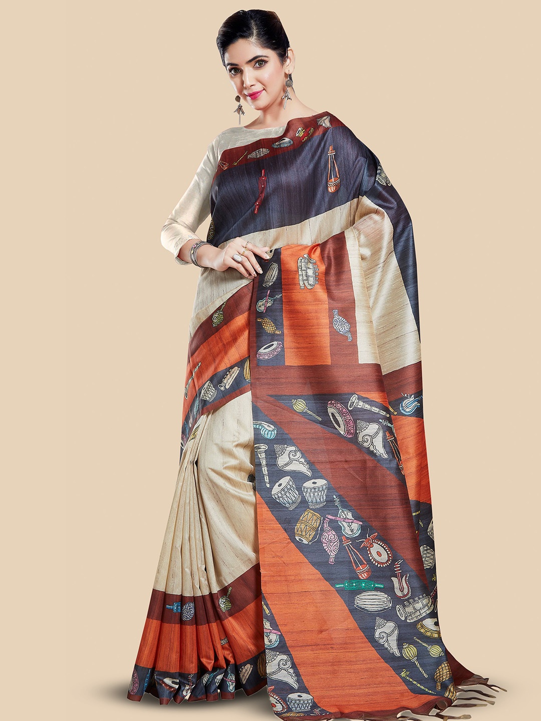 

Rani Saahiba Ethnic Motifs Art Silk Bhagalpuri Saree, Beige