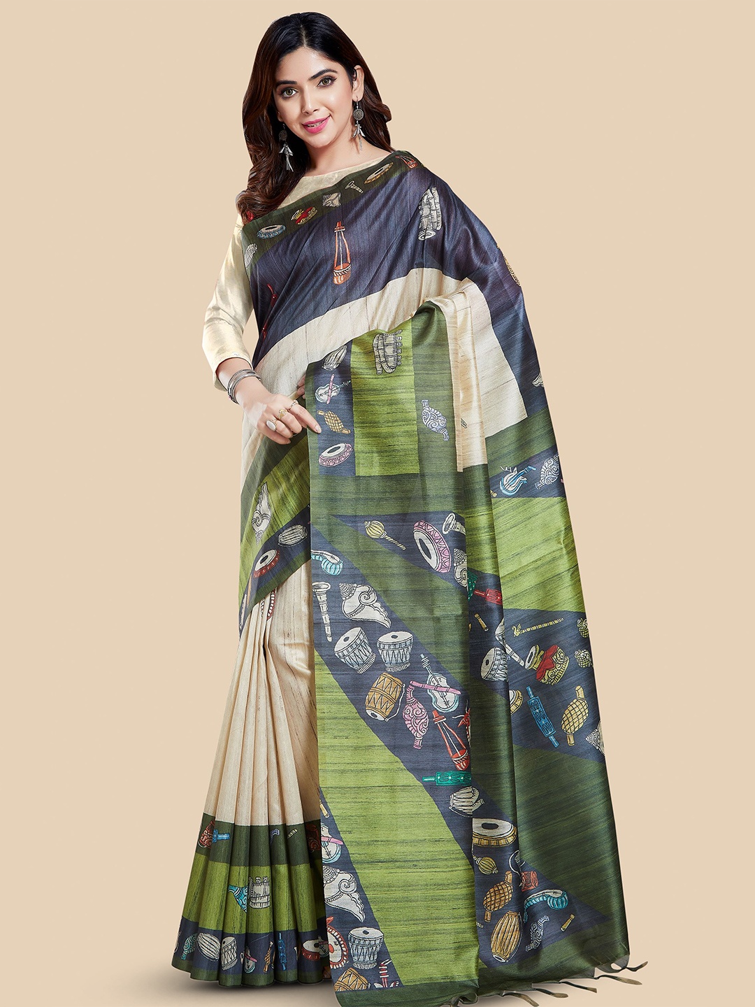 

Rani Saahiba Ethnic Motifs Art Silk Bhagalpuri Saree, Beige