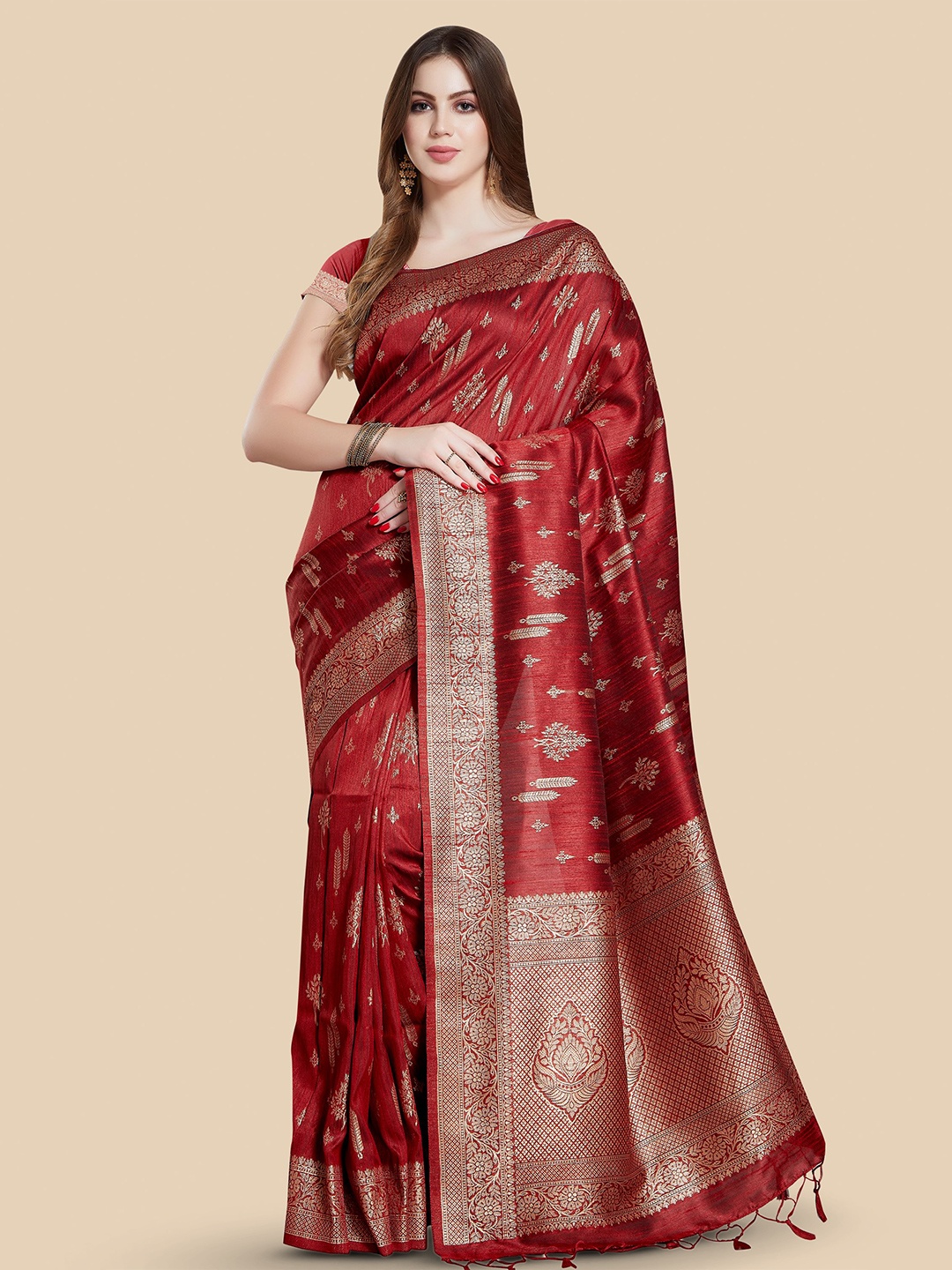 

Rani Saahiba Ethnic Motifs Woven Design Zari Bhagalpuri Saree, Red