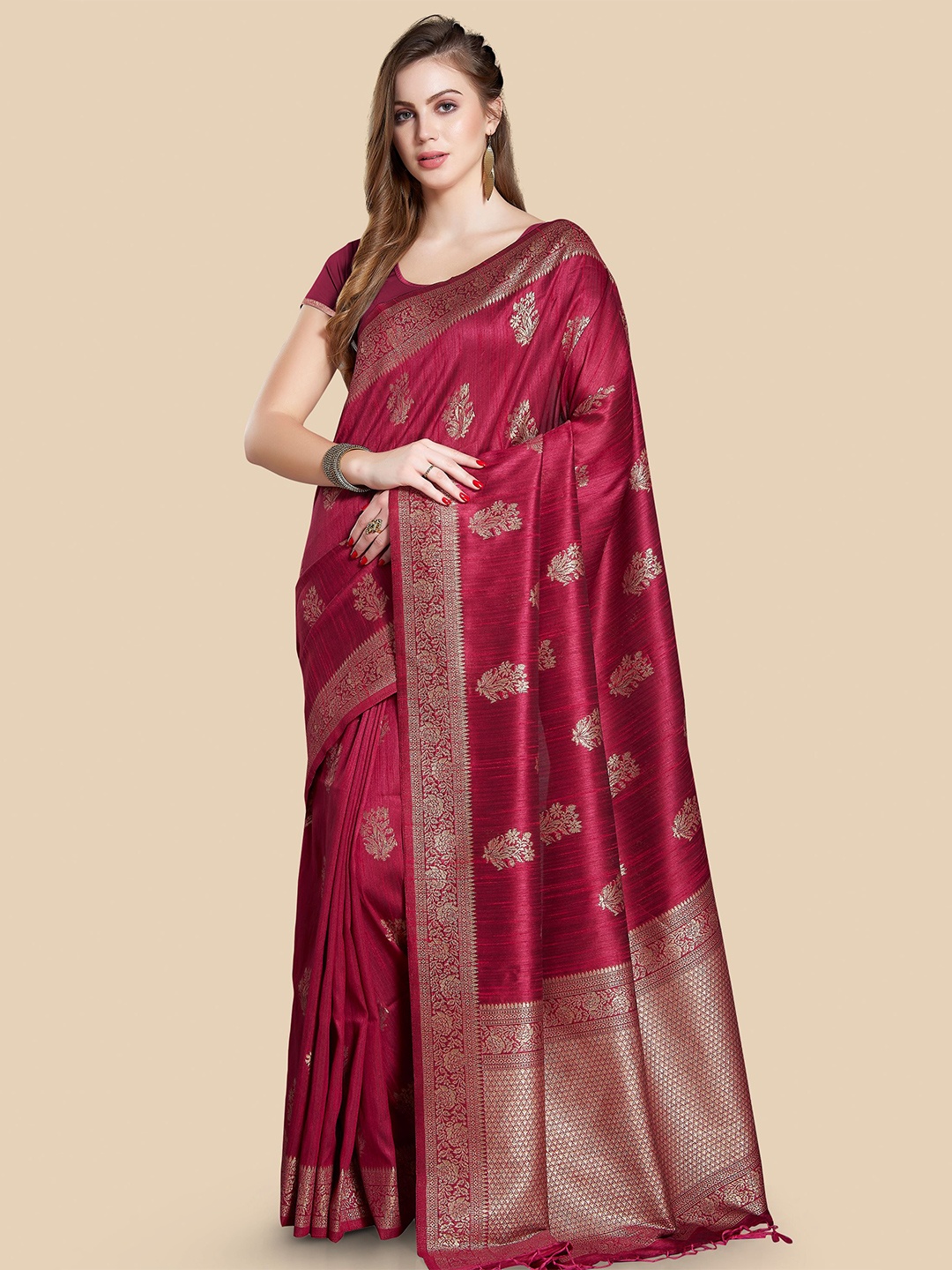 

Rani Saahiba Ethnic Motifs Woven Design Zari Art Silk Bhagalpuri Saree, Magenta