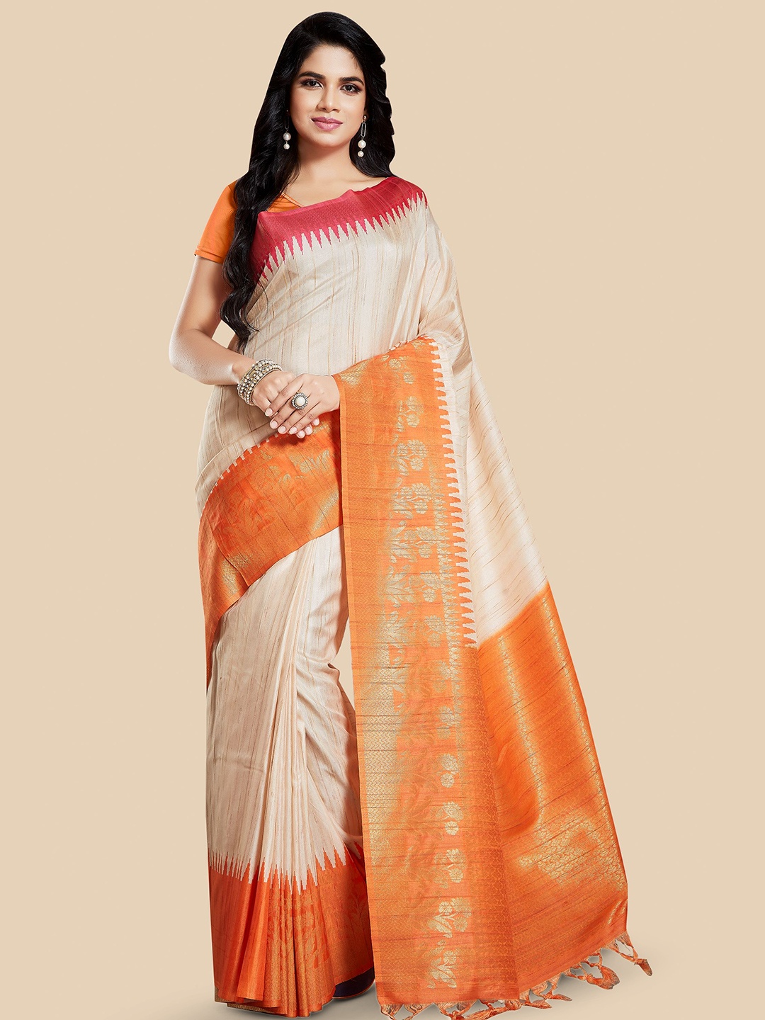 

Rani Saahiba Geometric Printed Zari Art Silk Bhagalpuri Saree, Beige