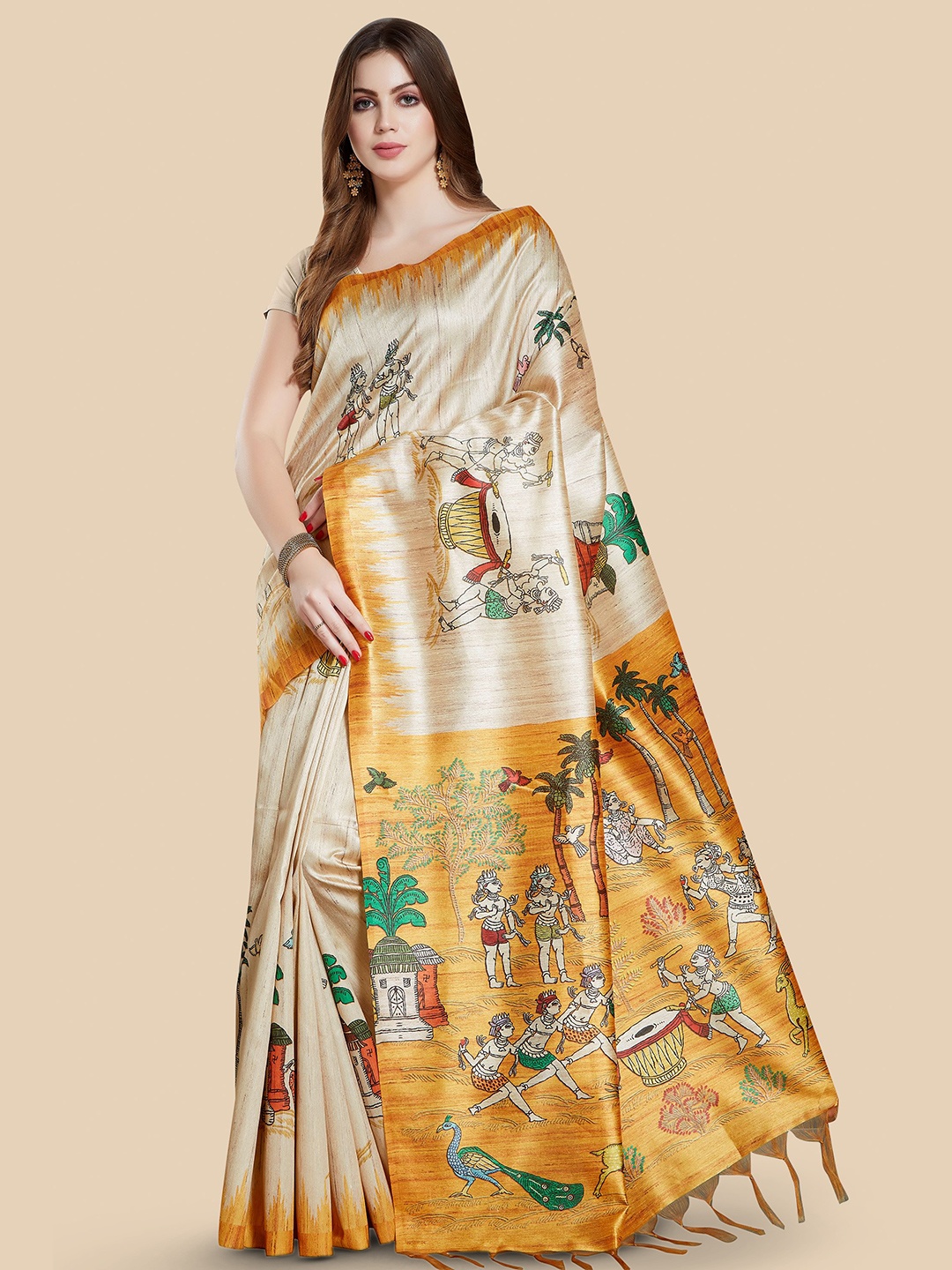 

Rani Saahiba Ethnic Motifs Printed Bhagalpuri Saree, Beige