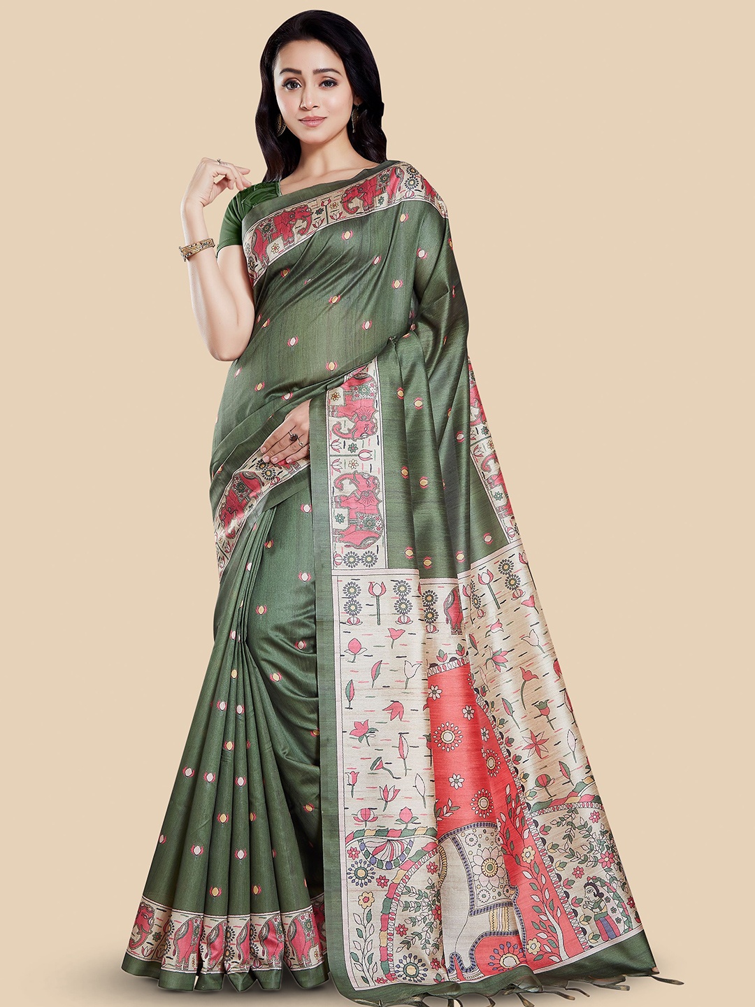 

Rani Saahiba Ethnic Motifs Printed Art Silk Tussar Saree, Green