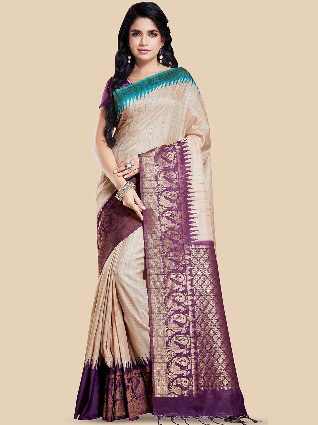 

Rani Saahiba Ethnic Motifs Zari Art Silk Bhagalpuri Saree, Beige