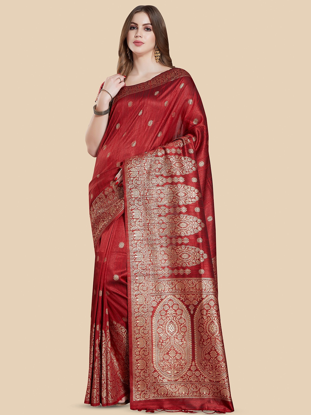 

Rani Saahiba Ethnic Motifs Woven Design Zari Art Silk Bhagalpuri Saree, Red