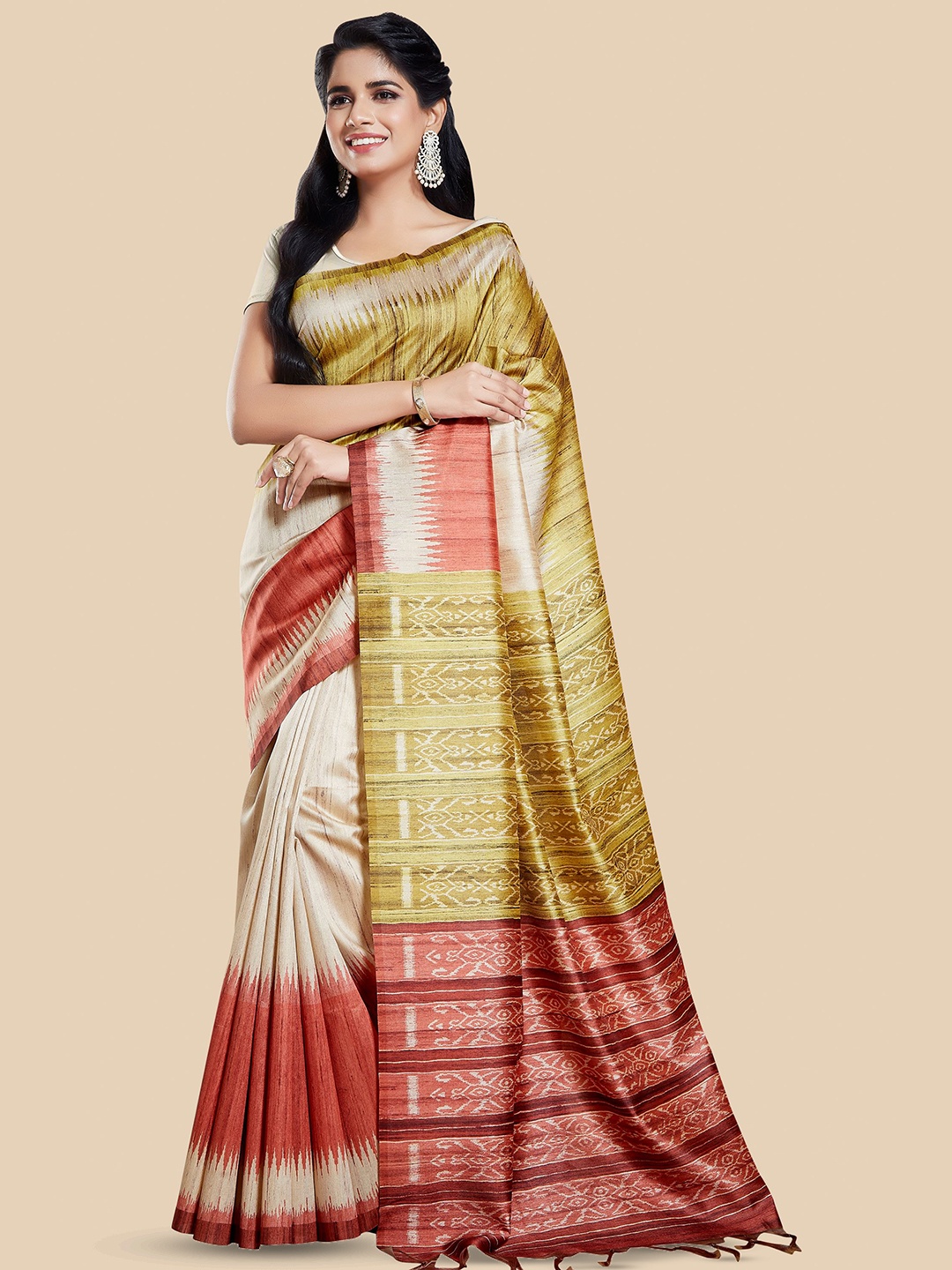 

Rani Saahiba Geometric Printed Art Silk Tussar Saree, Beige