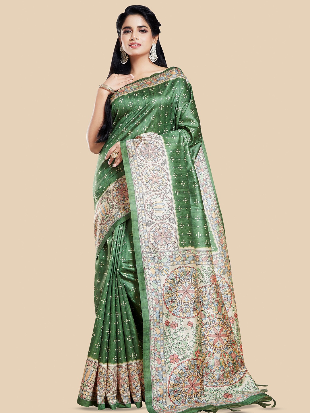 

Rani Saahiba Ethnic Motifs Printed Bhagalpuri Saree, Green