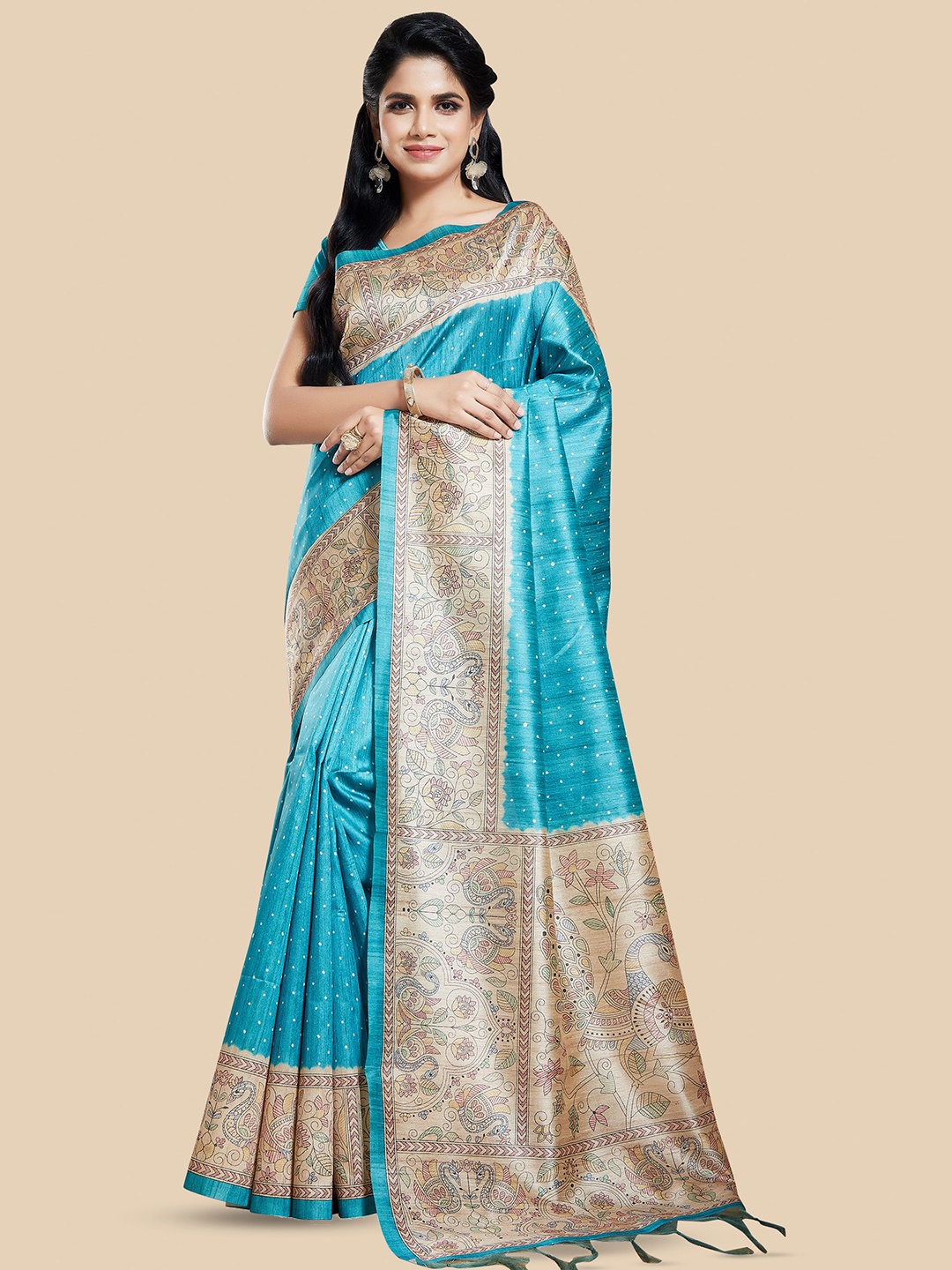 

Rani Saahiba Ethnic Motifs Art Silk Bhagalpuri Saree, Turquoise blue
