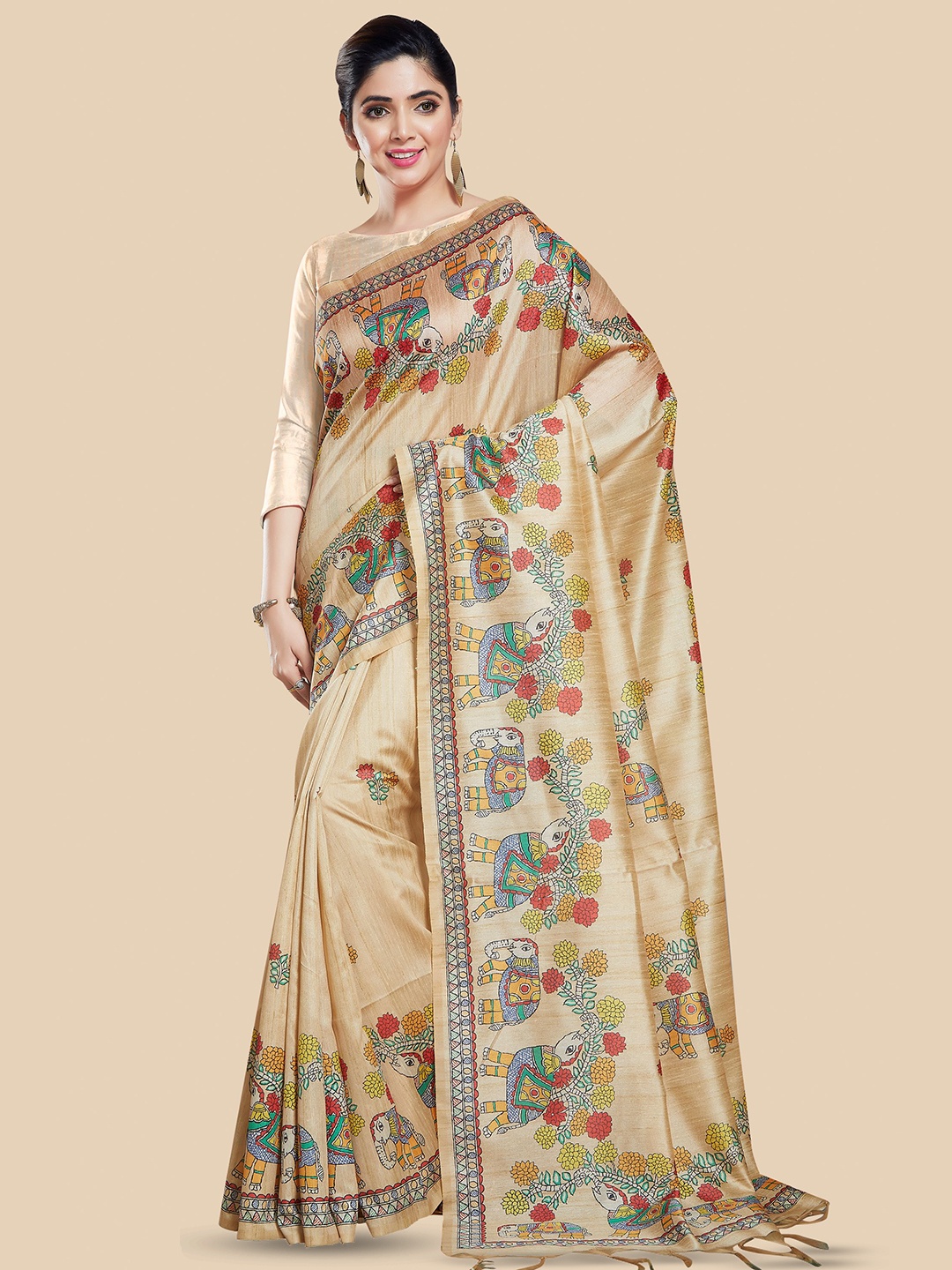 

Rani Saahiba Ethnic Motifs Printed Bhagalpuri Saree, Beige