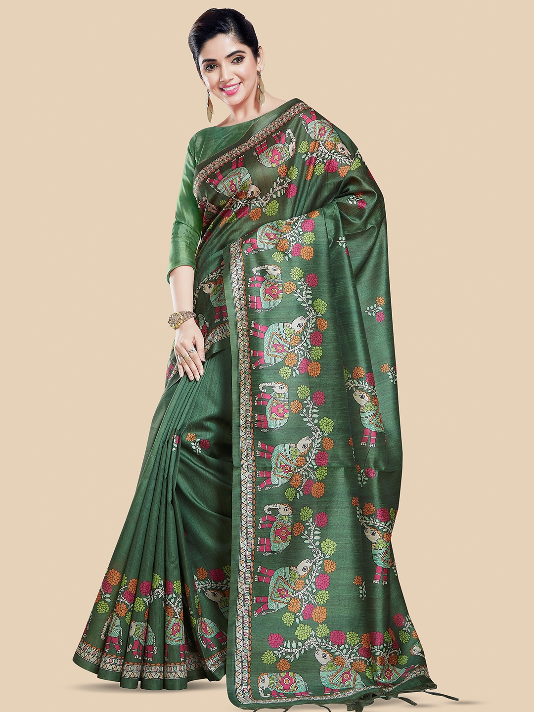 

Rani Saahiba Ethnic Motifs Art Silk Bhagalpuri Saree, Green
