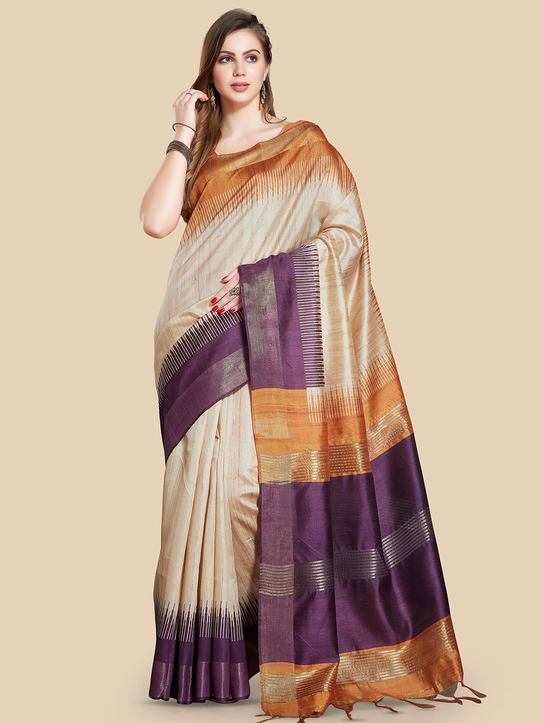 

Rani Saahiba Geometric Printed Bhagalpuri Saree, Beige
