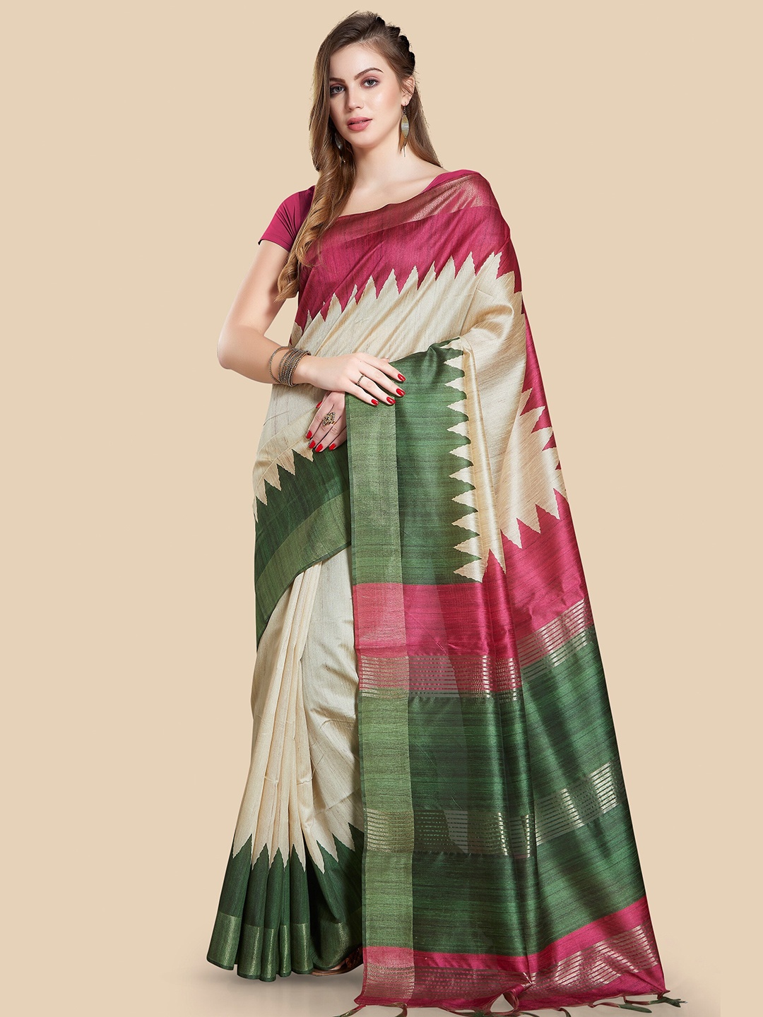 

Rani Saahiba Geometric Printed Bhagalpuri Saree, Beige