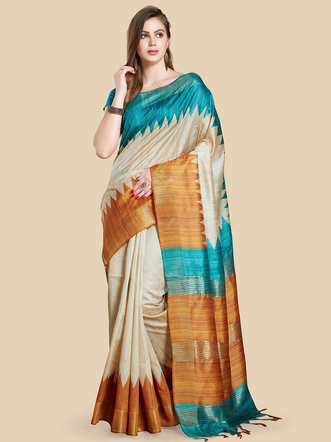 

Rani Saahiba Geometric Printed Art Silk Tussar Saree, Beige