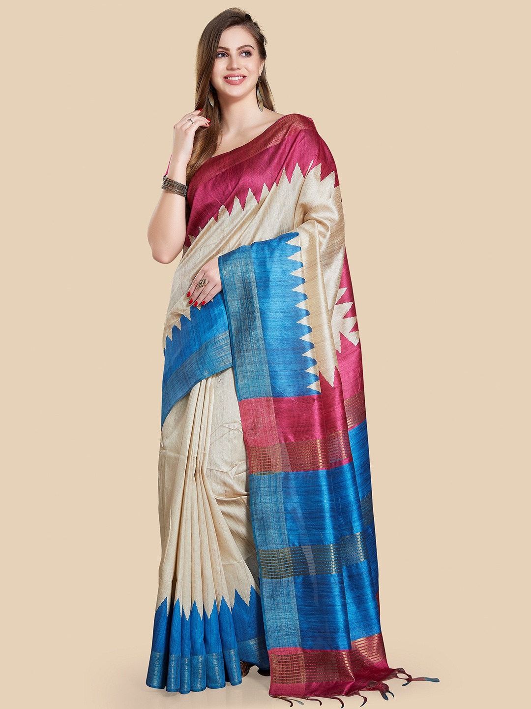 

Rani Saahiba Geometric Printed Art Silk Bhagalpuri Saree, Beige