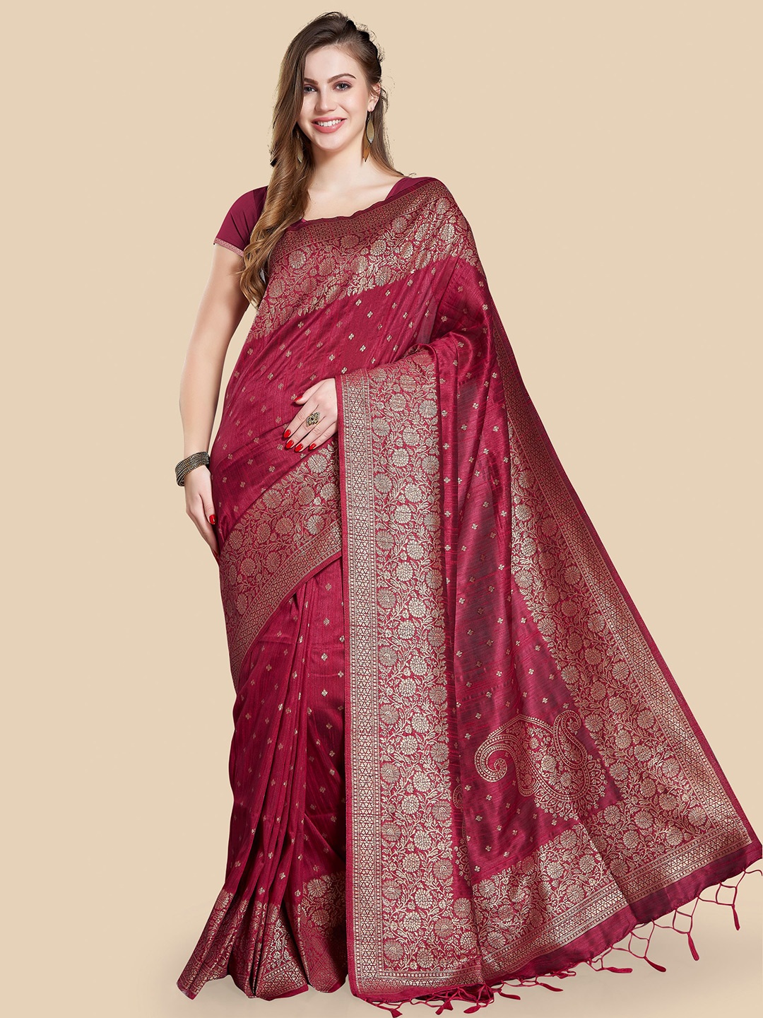 

Rani Saahiba Ethnic Motifs Woven Design Zari Art Silk Bhagalpuri Saree, Magenta