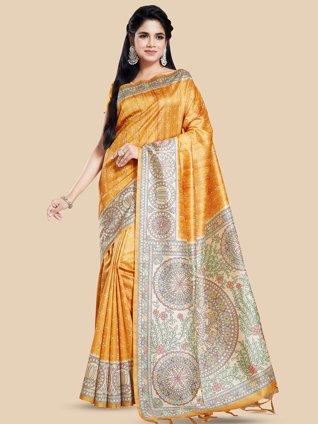 

Rani Saahiba Ethnic Motifs Printed Art Madhubani Saree With Blouse Piece, Gold