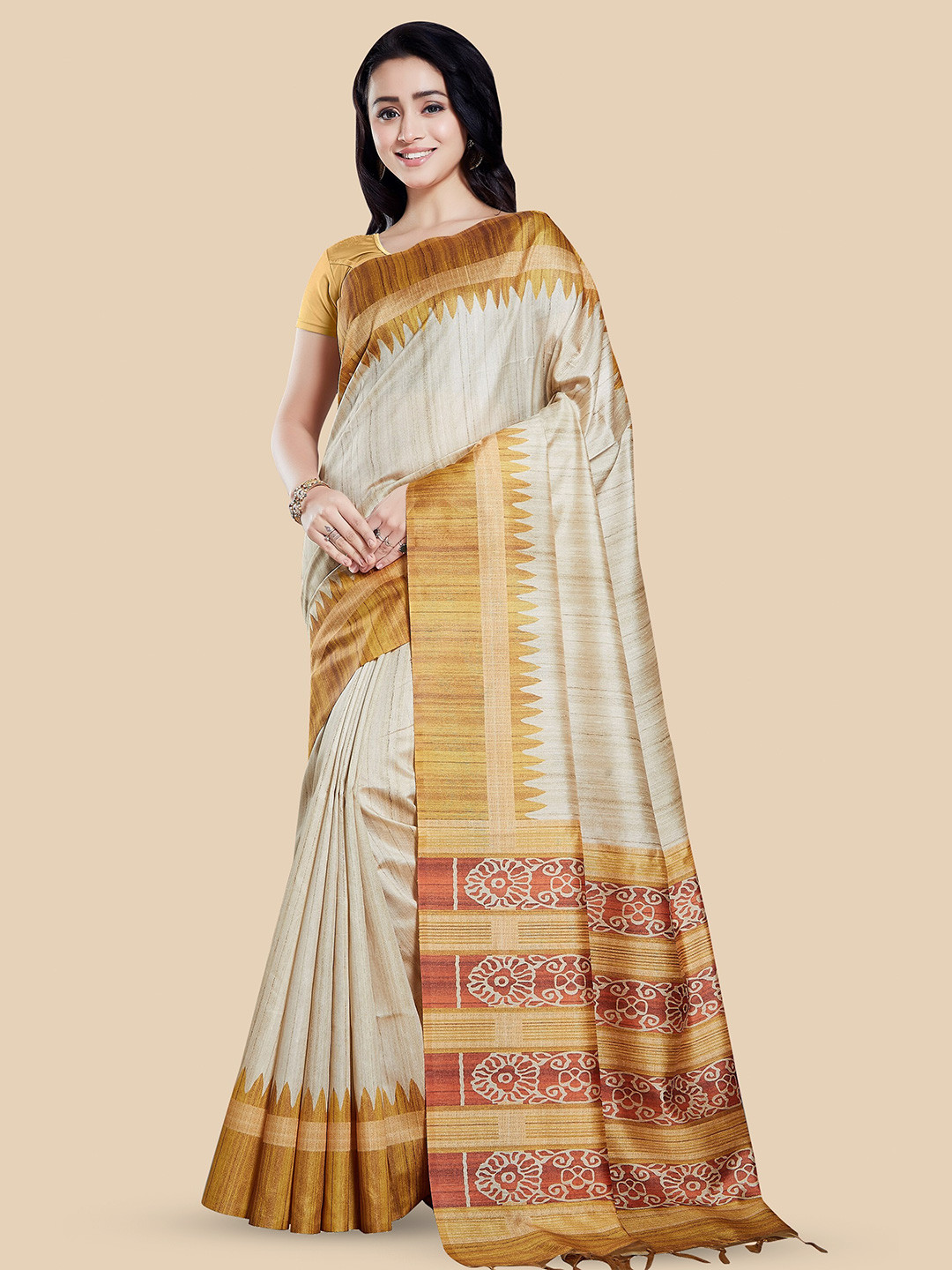 

Rani Saahiba Geometric Printed Art Silk Bhagalpuri Saree, Beige