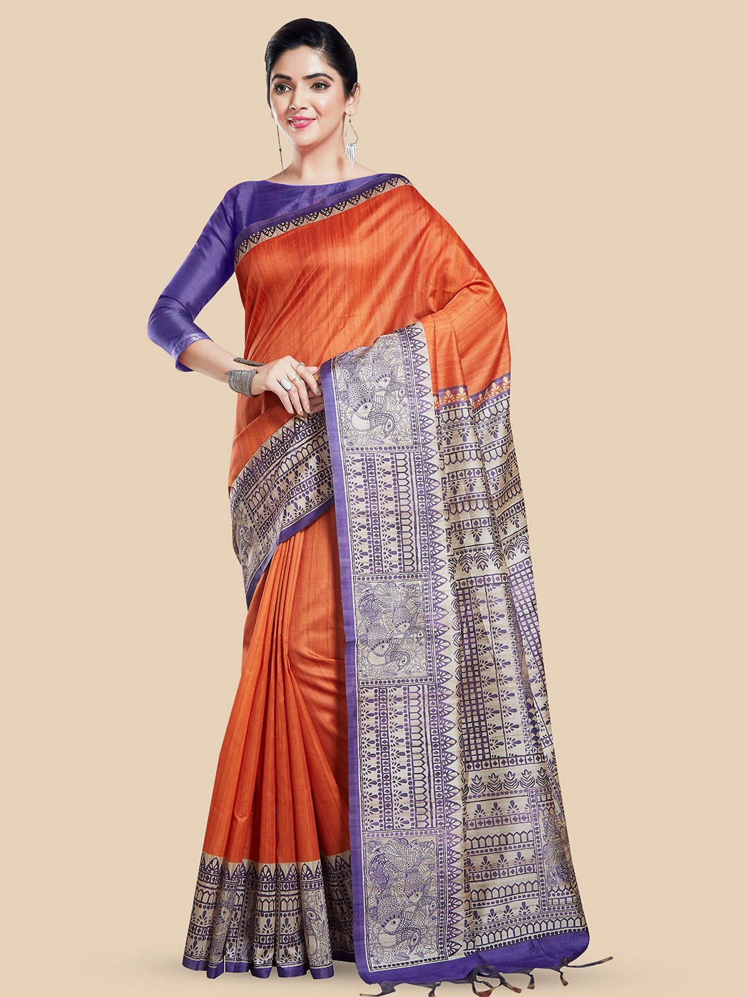 

Rani Saahiba Ethnic Motifs Printed Art Silk Tussar Saree, Orange