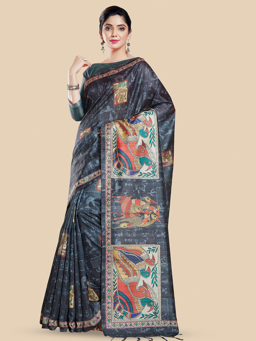 

Rani Saahiba Ethnic Motifs Printed Bhagalpuri Saree, Charcoal