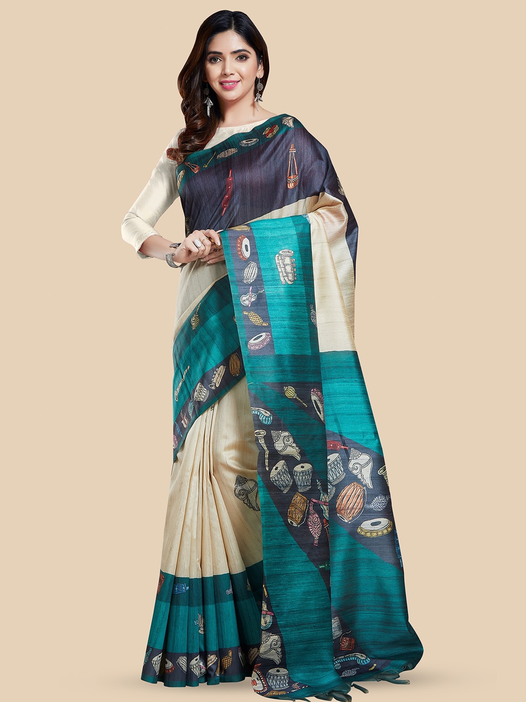 

Rani Saahiba Ethnic Motifs Printed Art Silk Tussar Saree, Beige