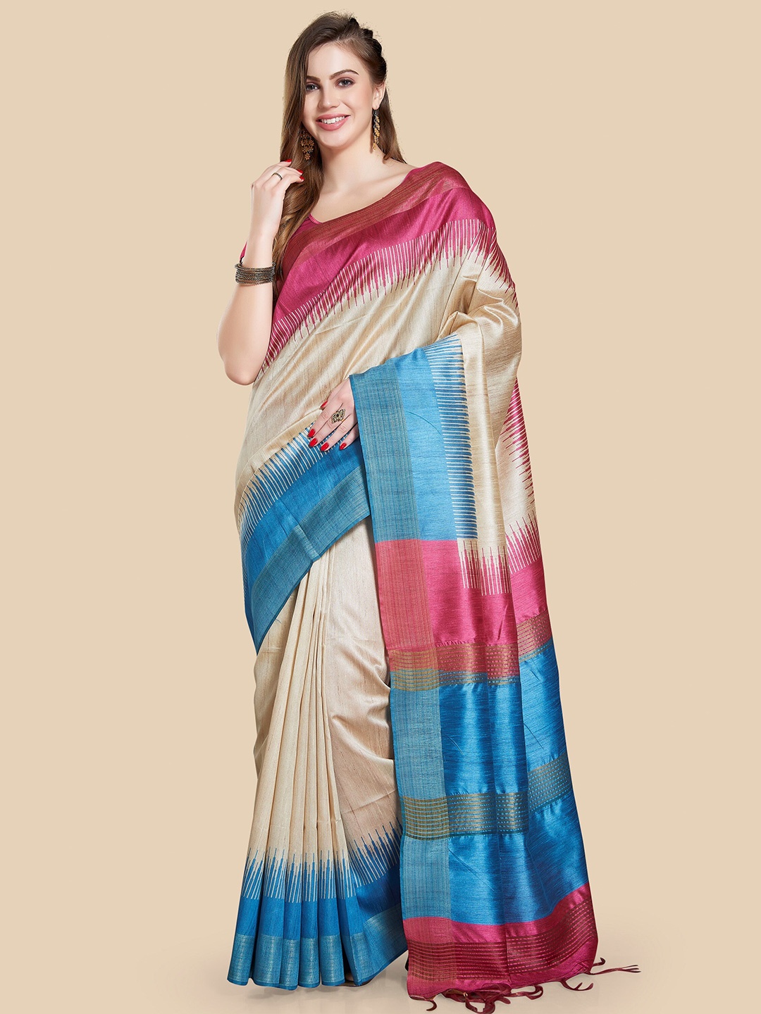 

Rani Saahiba Geometric Printed Art Silk Bhagalpuri Saree, Beige