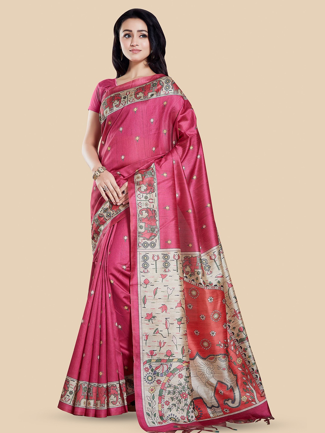 

Rani Saahiba Ethnic Motifs Art Silk Bhagalpuri Saree, Pink