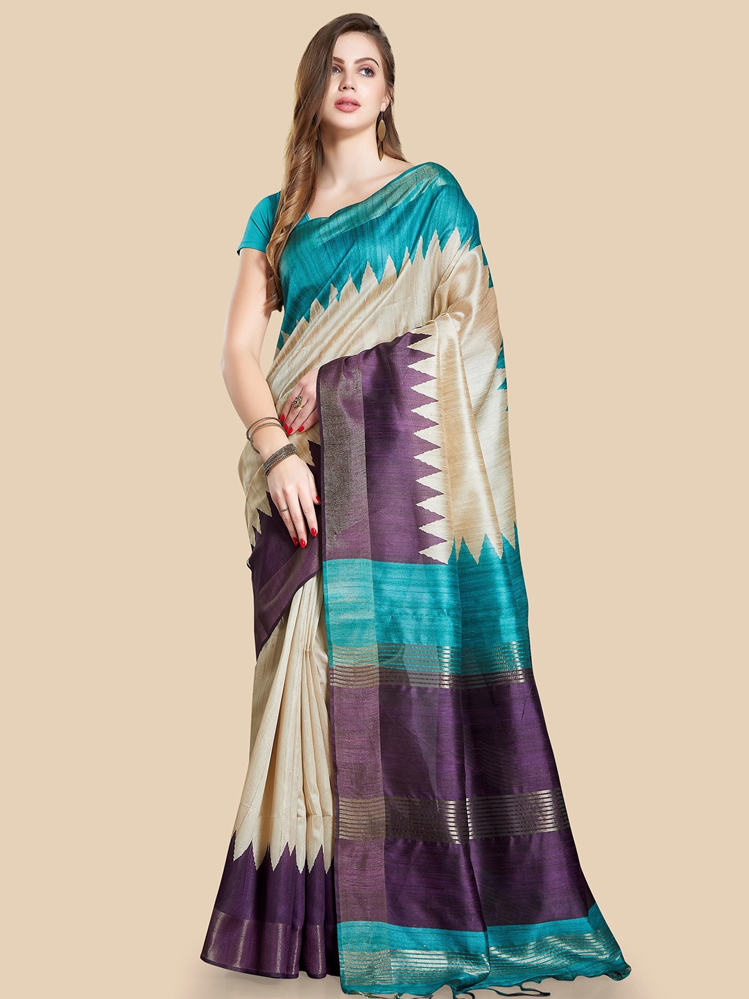 

Rani Saahiba Geometric Printed Art Silk Tussar Saree, Beige