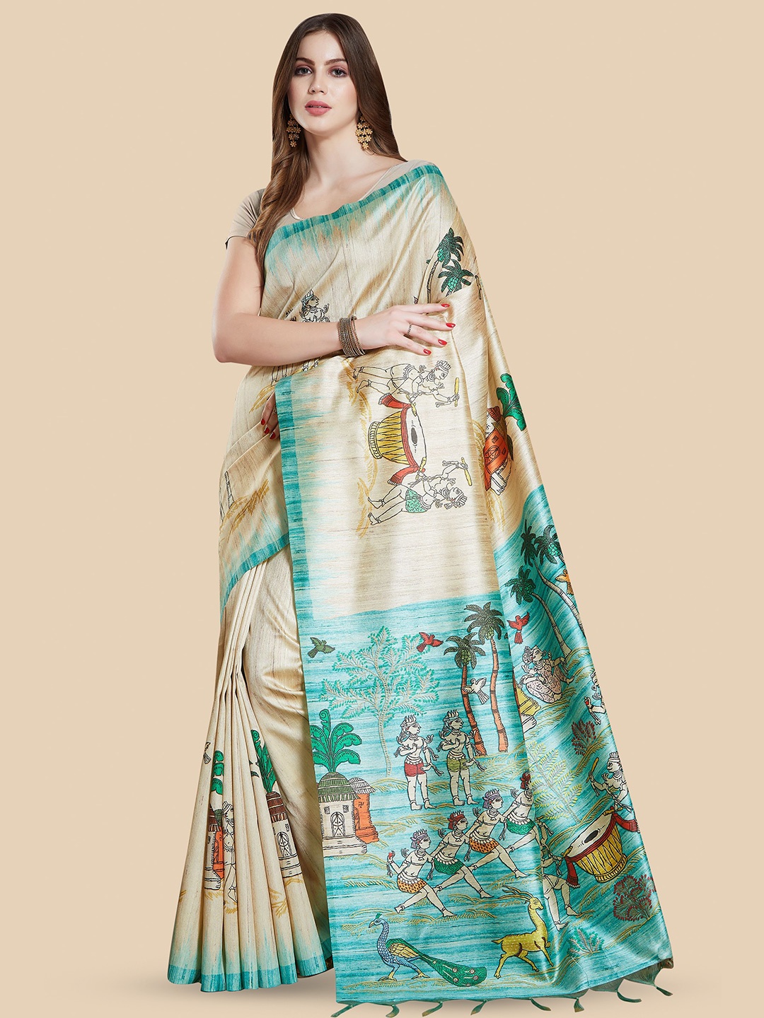 

Rani Saahiba Ethnic Motifs Art Silk Bhagalpuri Saree, Beige