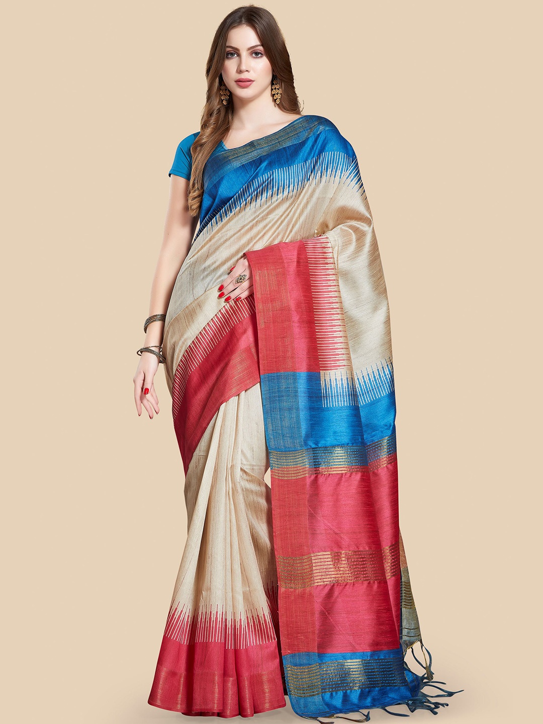 

Rani Saahiba Geometric Printed Art Silk Bhagalpuri Saree, Beige