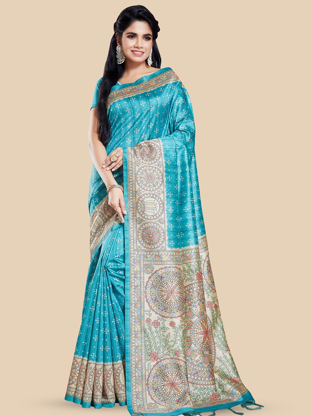 

Rani Saahiba Ethnic Motifs Art Silk Bhagalpuri Saree, Turquoise blue