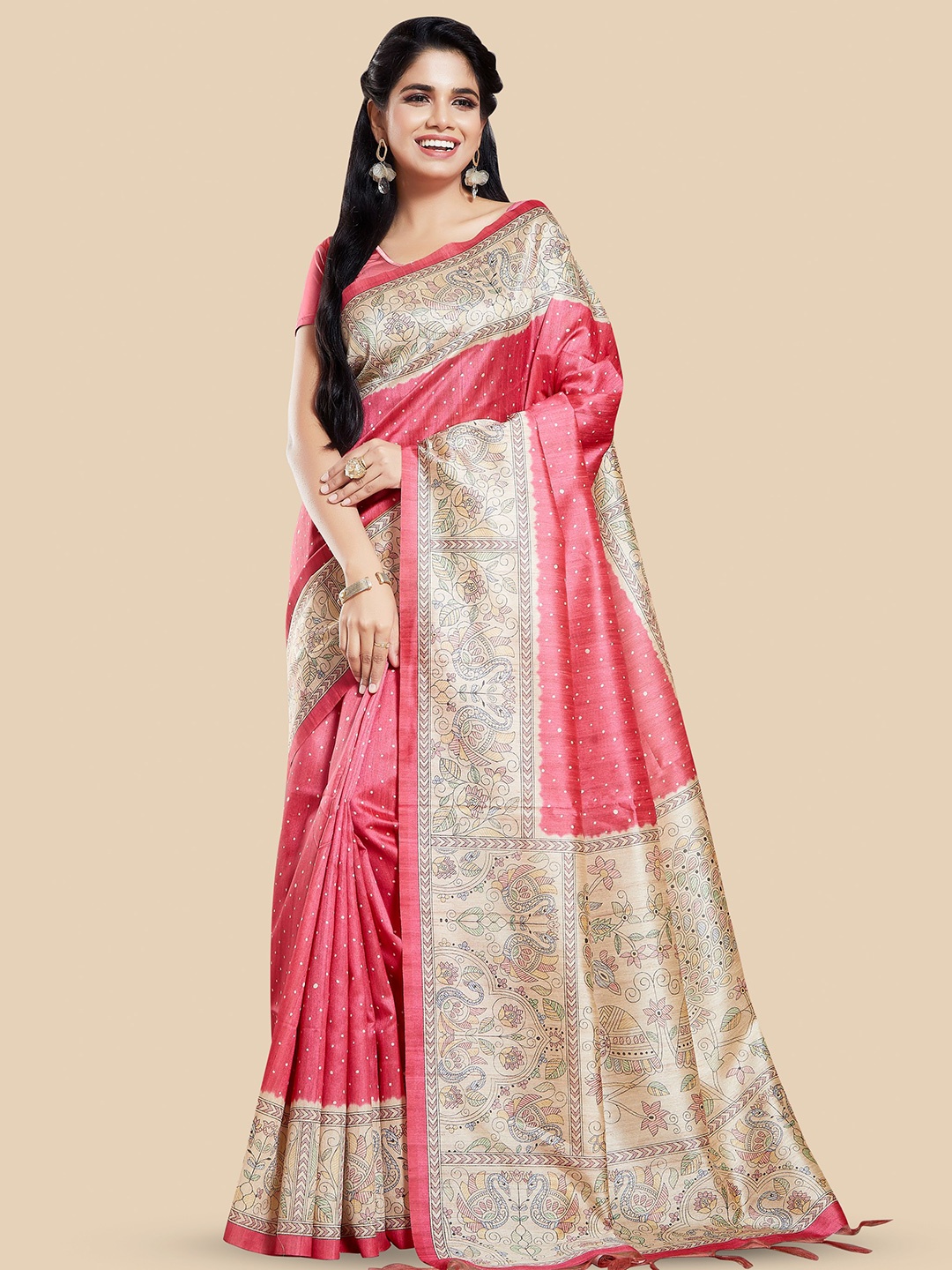 

Rani Saahiba Ethnic Motifs Art Silk Bhagalpuri Saree, Pink