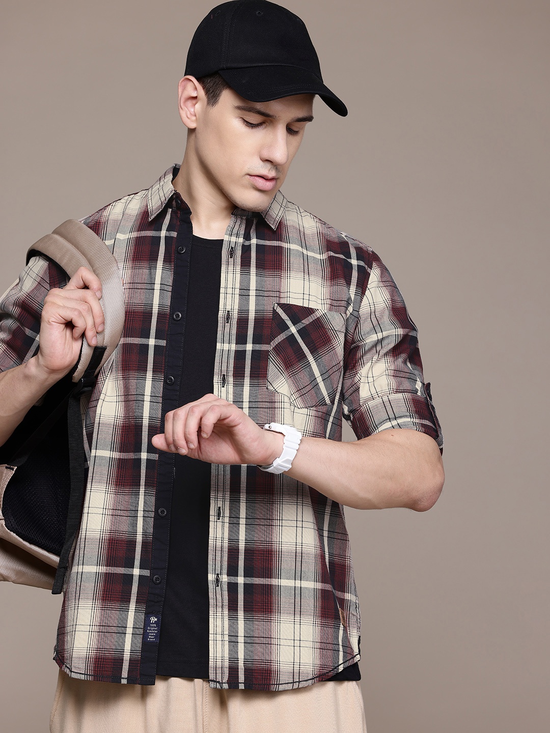 

The Roadster Lifestyle Co. Checked Pure Cotton Shirt, Burgundy