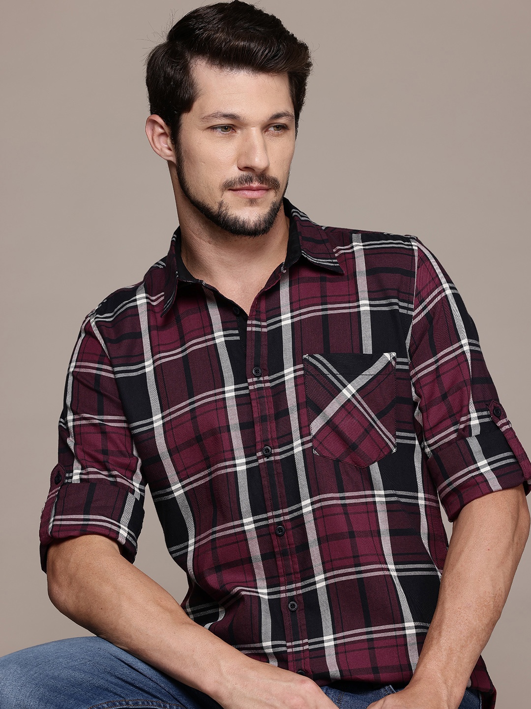 

The Roadster Lifestyle Co. Tartan Checks Pure Cotton Casual Shirt, Burgundy