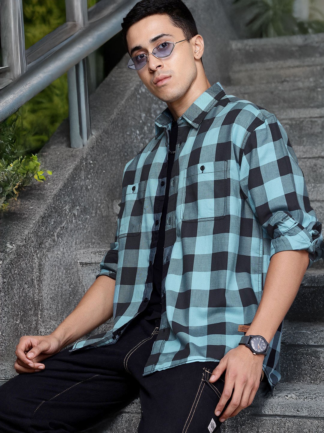 

The Roadster Lifestyle Co. Pure Cotton Opaque Checked Casual Shirt, Blue