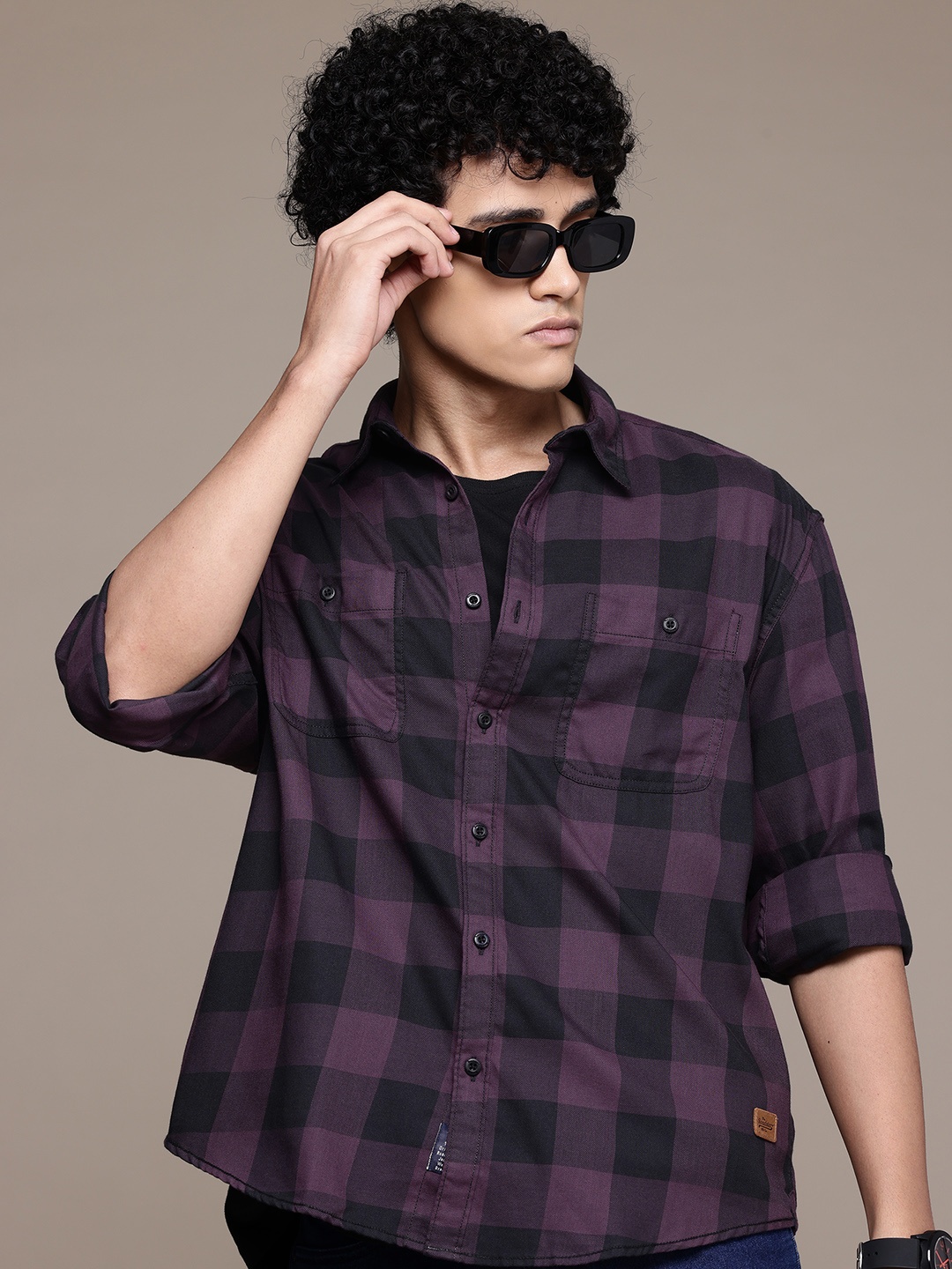 

The Roadster Lifestyle Co. Buffalo Checks Pure Cotton Relaxed Shirt, Purple