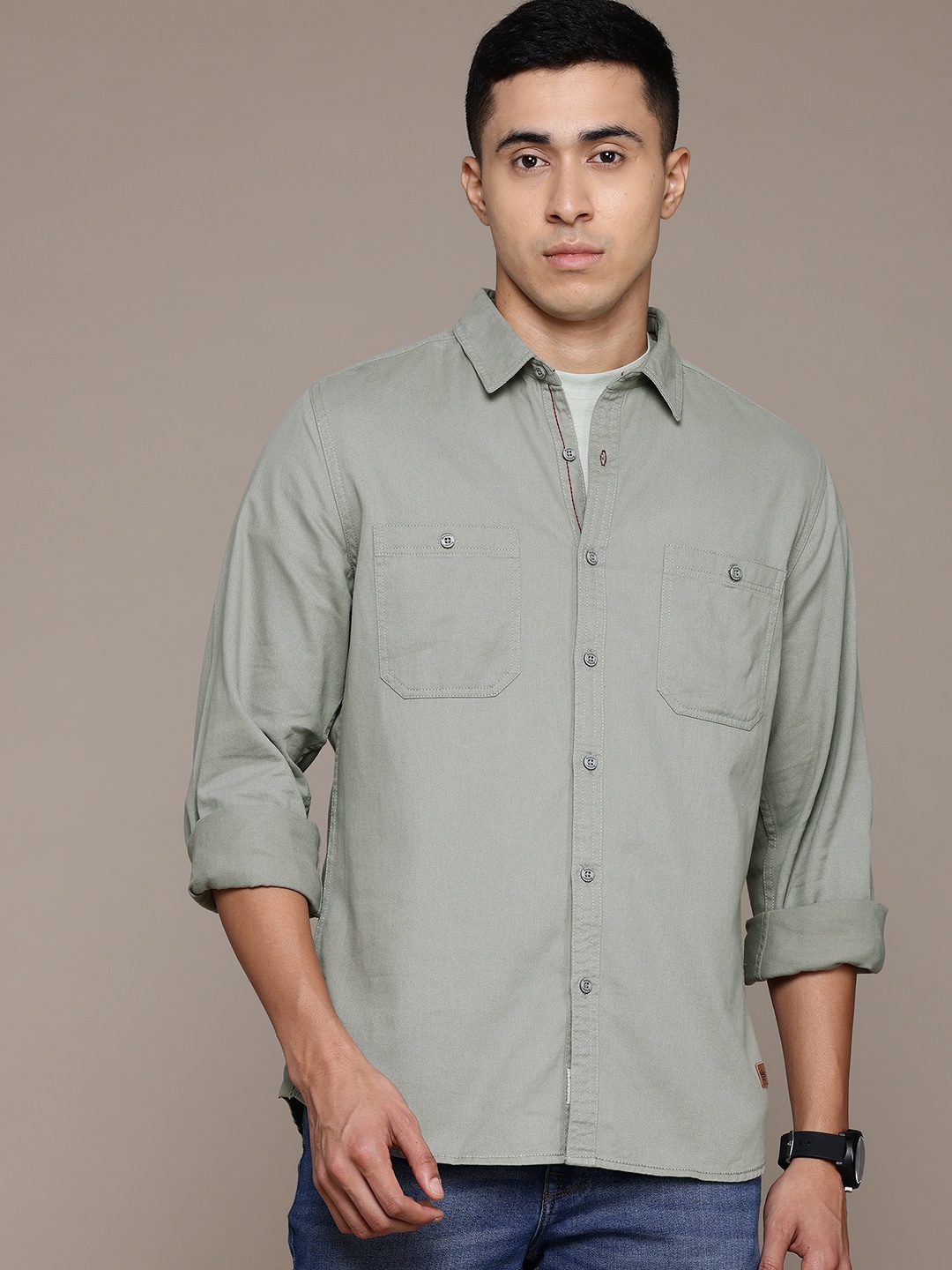 

Roadster The Life Co. Pure Cotton Shirt With Chest Pockets, Green