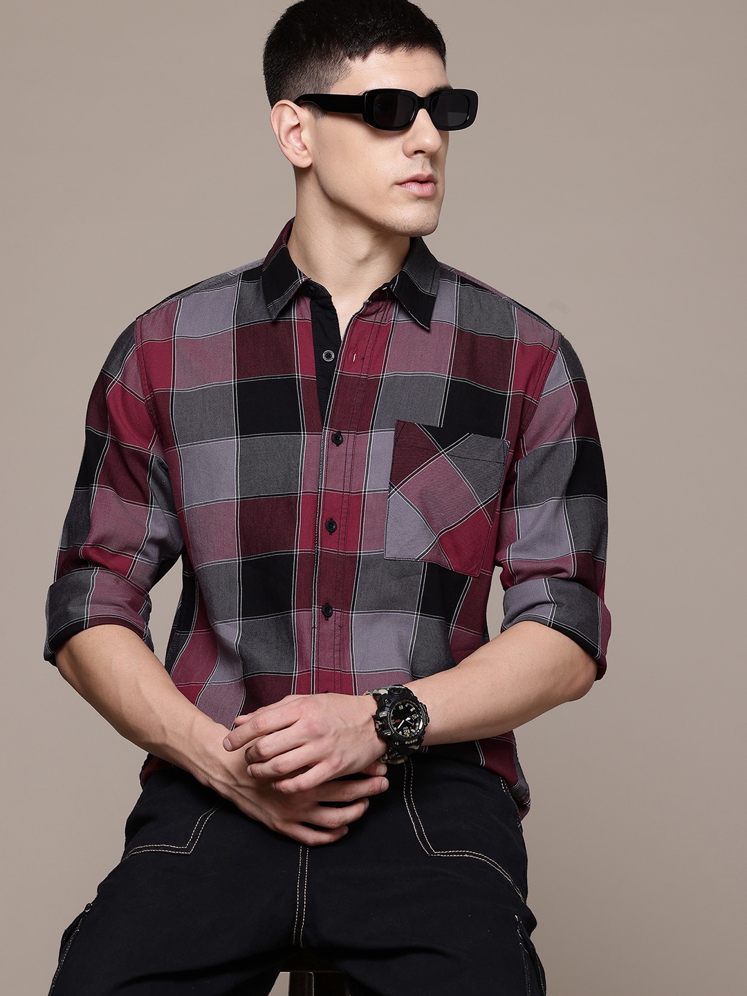 

The Roadster Lifestyle Co. Checked Pure Cotton Shirt, Burgundy