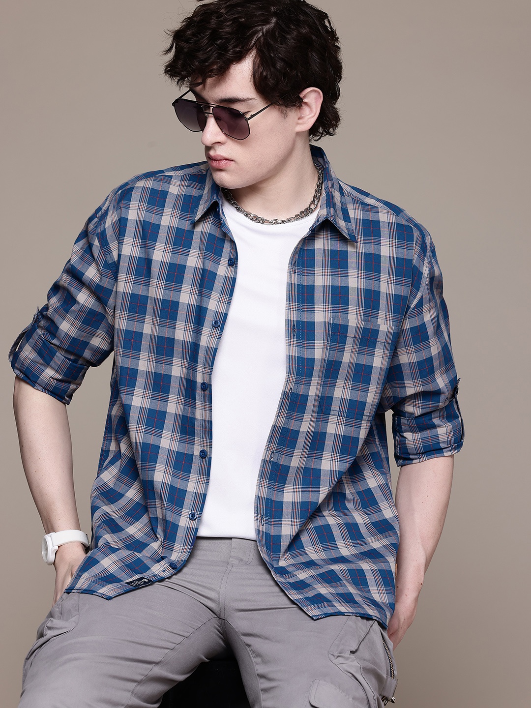 

The Roadster Lifestyle Co. Tartan Checks Pure Cotton Relaxed Shirt, Navy blue