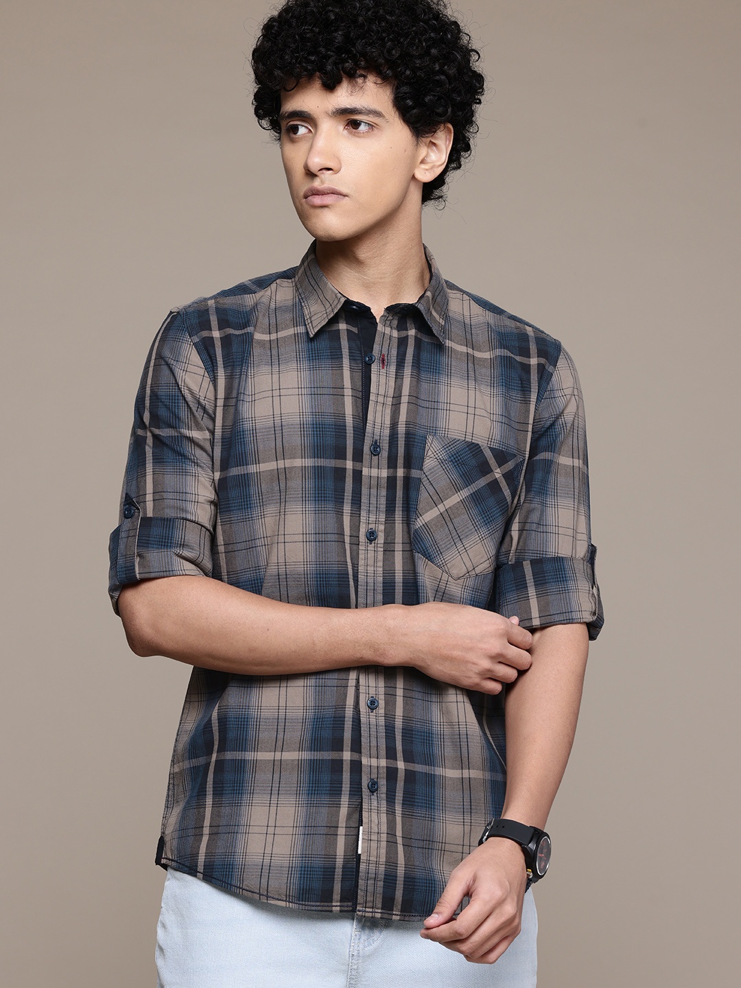 

The Roadster Lifestyle Co. Tartan Checks Pure Cotton Casual Shirt, Navy blue