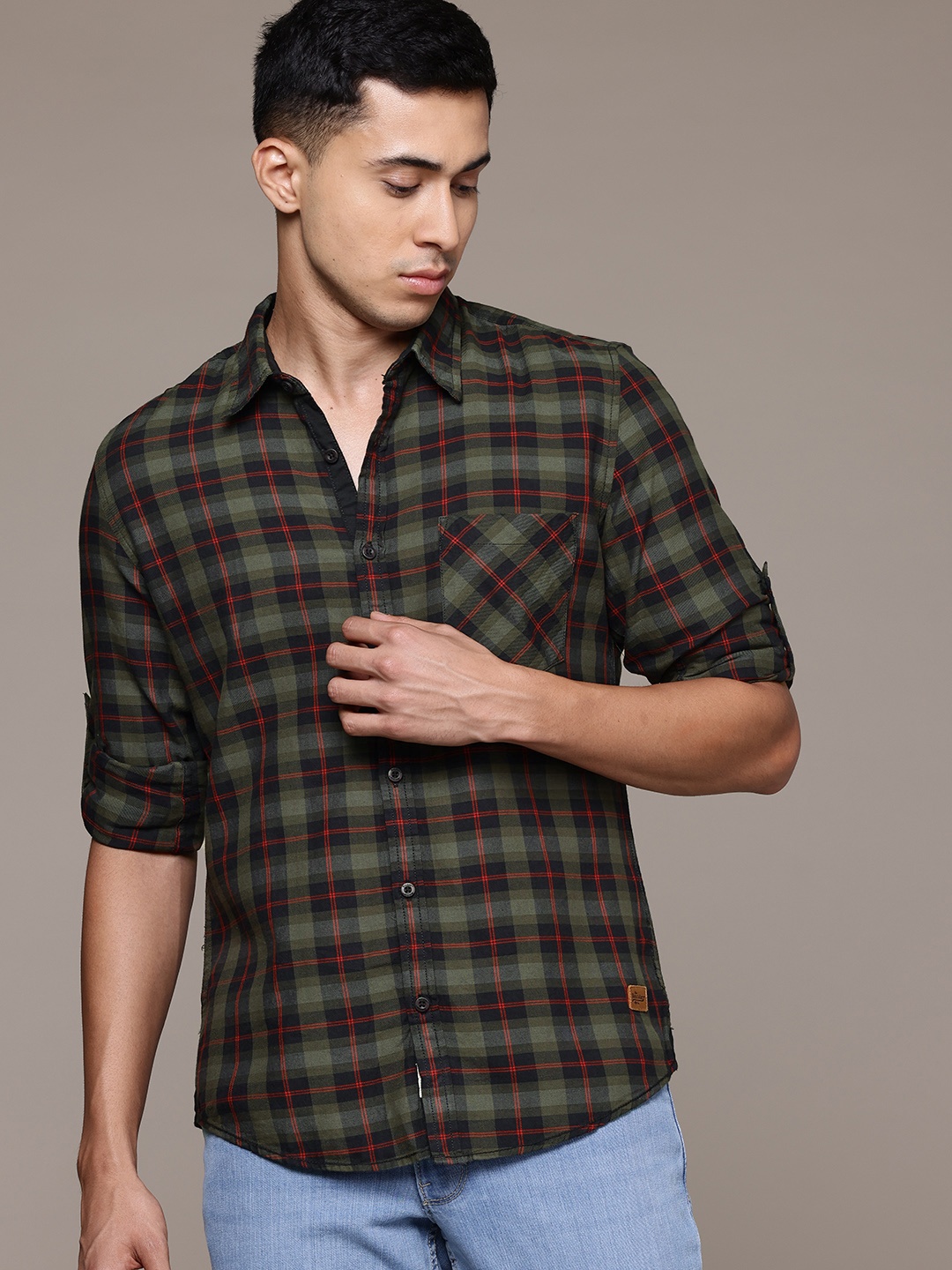 

The Roadster Lifestyle Co. Tartan Checks Pure Cotton Shirt, Olive